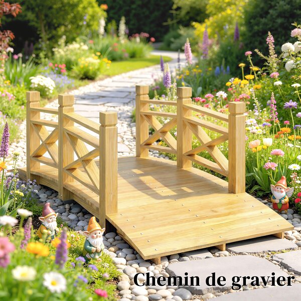 Outsunny Ponte giardino in legno ad arco con corrimano, 174x78x57,5 cm, Legno naturale | Aosom Italy