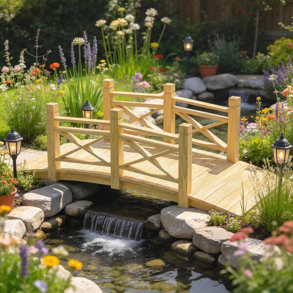 Outsunny Ponte giardino in legno ad arco con corrimano, 174x78x57,5 cm, Legno naturale | Aosom Italy