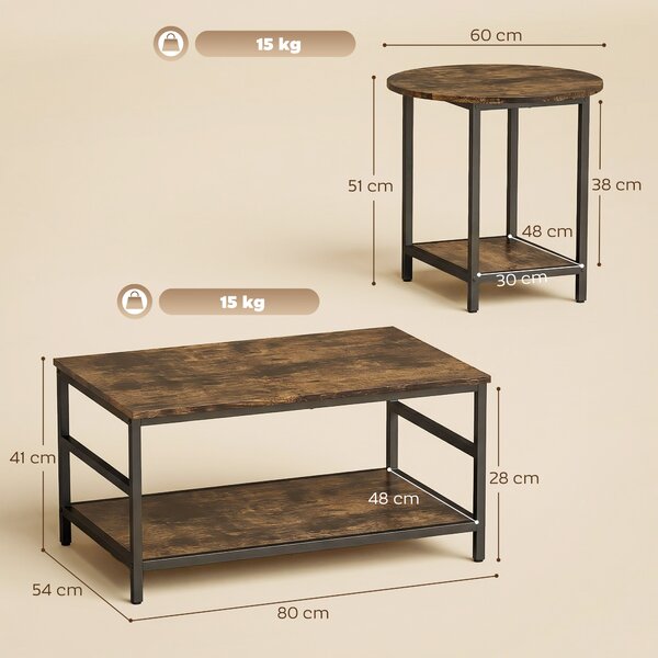 HOMCOM Set 2 tavolini con spazio contenitivo a 2 livelli, Marrone rustico | Aosom Italy