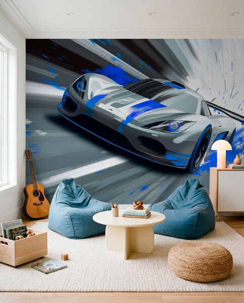 Carta da parati auto sportiva dinamica in stile disegno digitale con accenti blu, Carta da parati Buffer, w05069 : Uwalls.it