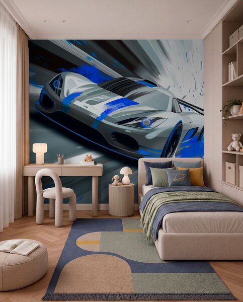 Carta da parati auto sportiva dinamica in stile disegno digitale con accenti blu, Carta da parati Buffer, w05069 : Uwalls.it