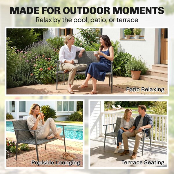 Outsunny Panca giardino 2 posti in resina intrecciata e acciaio, 110x58x78 cm, Grigio | Aosom Italy