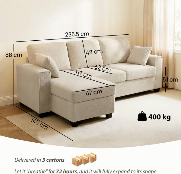 HOMCOM Divano angolare 3 posti con chaise longue reversibile e seduta profonda, Beige | Aosom Italy