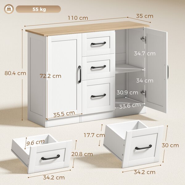 HOMCOM Credenza soggiorno con 2 ante soft-close e 3 cassetti, 110x35x80,4 cm, Bianco e Naturale | Aosom Italy