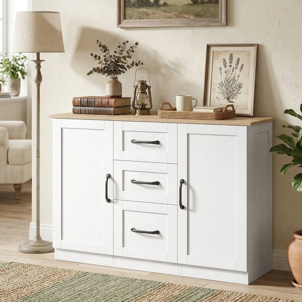 HOMCOM Credenza soggiorno con 2 ante soft-close e 3 cassetti, 110x35x80,4 cm, Bianco e Naturale | Aosom Italy