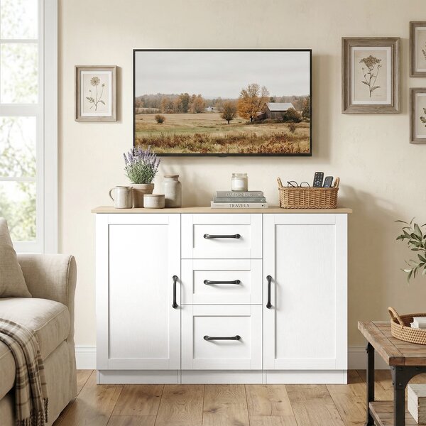 HOMCOM Credenza soggiorno con 2 ante soft-close e 3 cassetti, 110x35x80,4 cm, Bianco e Naturale | Aosom Italy