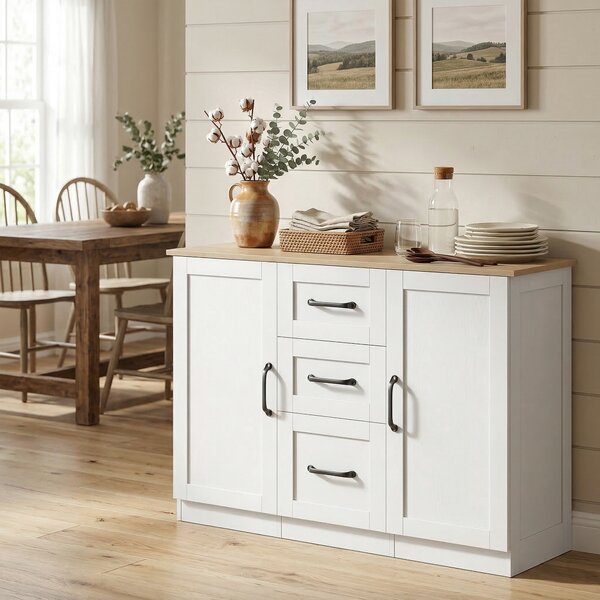 HOMCOM Credenza soggiorno con 2 ante soft-close e 3 cassetti, 110x35x80,4 cm, Bianco e Naturale | Aosom Italy