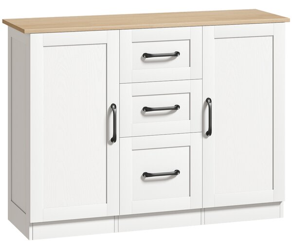 HOMCOM Credenza soggiorno con 2 ante soft-close e 3 cassetti, 110x35x80,4 cm, Bianco e Naturale | Aosom Italy