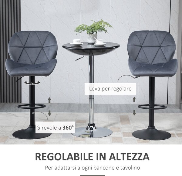 HOMCOM Set 2 Sgabelli Alti da Bar e Cucina in Velluto con Altezza Regolabile, Schienale, Poggiapiedi e Ampia Base Tonda in Metallo, Grigio | Aosom
