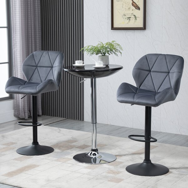 HOMCOM Set 2 Sgabelli Alti da Bar e Cucina in Velluto con Altezza Regolabile, Schienale, Poggiapiedi e Ampia Base Tonda in Metallo, Grigio | Aosom