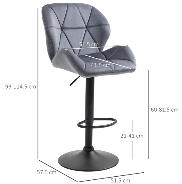 HOMCOM Set 2 Sgabelli Alti da Bar e Cucina in Velluto con Altezza Regolabile, Schienale, Poggiapiedi e Ampia Base Tonda in Metallo, Grigio | Aosom