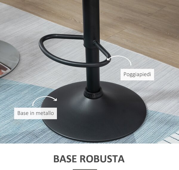 HOMCOM Set 2 Sgabelli Alti da Bar e Cucina in Velluto con Altezza Regolabile, Schienale, Poggiapiedi e Ampia Base Tonda in Metallo, Grigio | Aosom