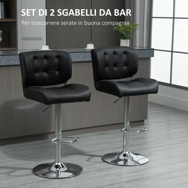 HOMCOM Set 2 Sgabelli da Bar Girevoli e Imbottiti in Similpelle Nera con Poggiapiedi, Altezza Regolabile, per Cucina o Pub, 50x55.5x93-114cm|Aosom