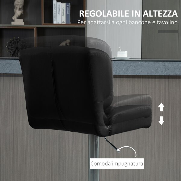 HOMCOM Set 2 Sgabelli da Bar Girevoli e Imbottiti in Similpelle Nera con Poggiapiedi, Altezza Regolabile, per Cucina o Pub, 50x55.5x93-114cm|Aosom