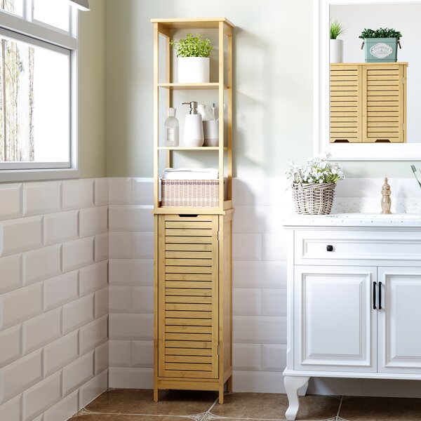 Kleankin Mobile Bagno Multifunzione, 3 Ripiani e Credenza, Design a Doghe, in MDF e Bambù, 34x30x173cm - Naturale|Aosom