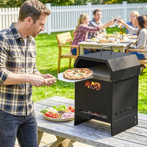 Outsunny Forno a legna per pizza 3-in-1 da esterno, 2 livelli con pietra per pizza, maniglie, pala | Aosom Italy