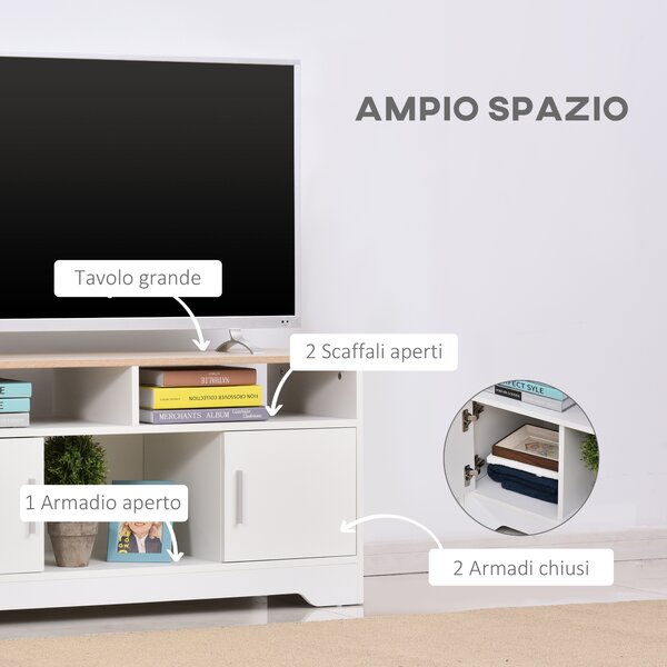 HOMCOM Mobile TV con 3 Scomparti Aperti, 2 Armadietti e Piano d'Appoggio per TV fino a 42", in Truciolato, 105x40x52cm, Bianco e Legno|Aosom