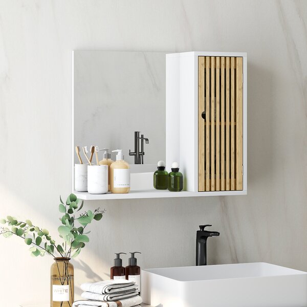 HOMCOM Specchio bagno con armadietto in bambù e ripiani, 60x50 cm, Bianco e Naturale | Aosom Italy