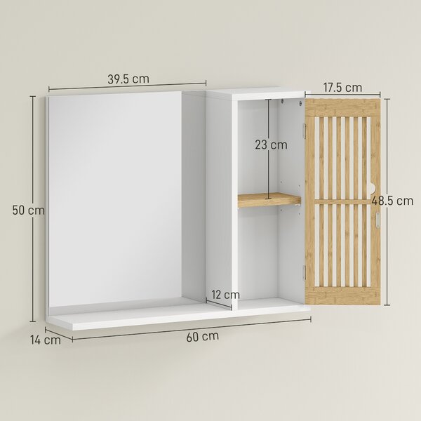 HOMCOM Specchio bagno con armadietto in bambù e ripiani, 60x50 cm, Bianco e Naturale | Aosom Italy