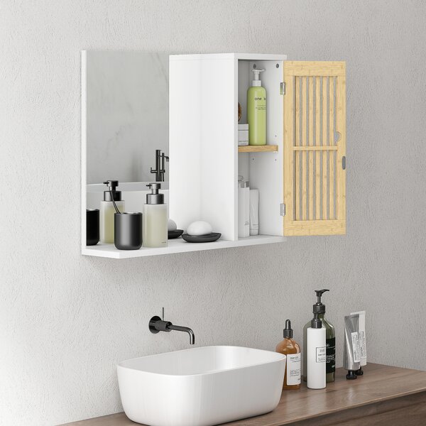 HOMCOM Specchio bagno con armadietto in bambù e ripiani, 60x50 cm, Bianco e Naturale | Aosom Italy