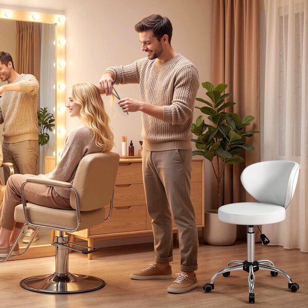 HOMCOM Sgabello con ruote in PU regolabile con schienale, Bianco | Aosom Italy
