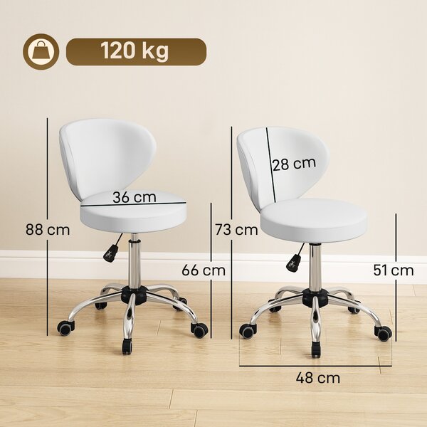 HOMCOM Sgabello con ruote in PU regolabile con schienale, Bianco | Aosom Italy