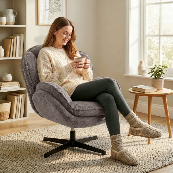 HOMCOM Poltrona wingback in velluto girevole 360° con base a stella, Grigio | Aosom Italy