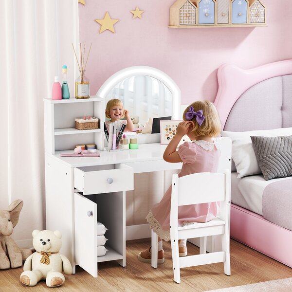 AIYAPLAY Toeletta bambini con specchio LED e sgabello, Bianco | Aosom Italy