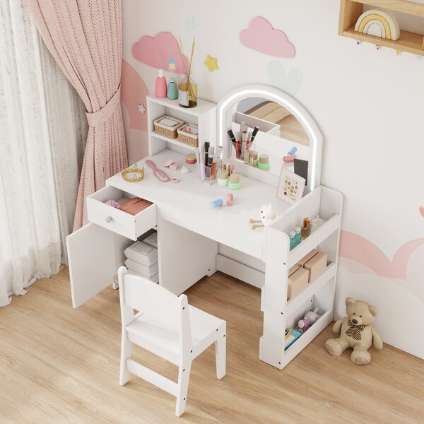 AIYAPLAY Toeletta bambini con specchio LED e sgabello, Bianco | Aosom Italy