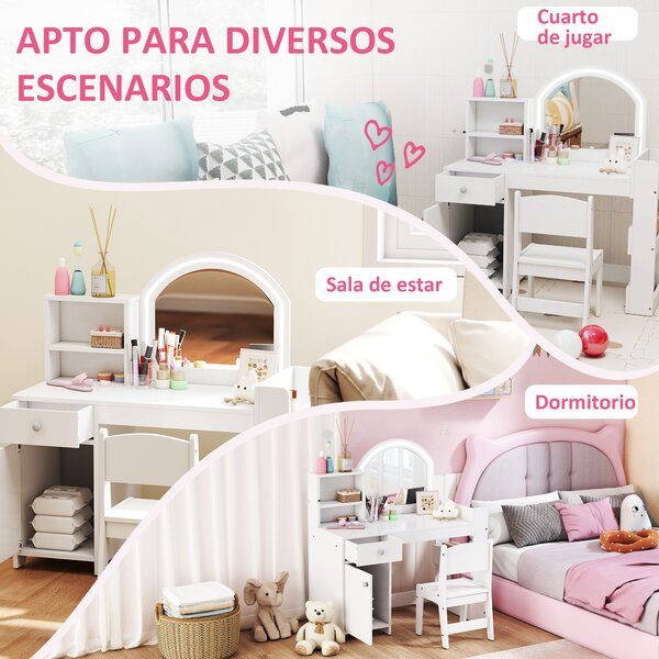 AIYAPLAY Toeletta bambini con specchio LED e sgabello, Bianco | Aosom Italy