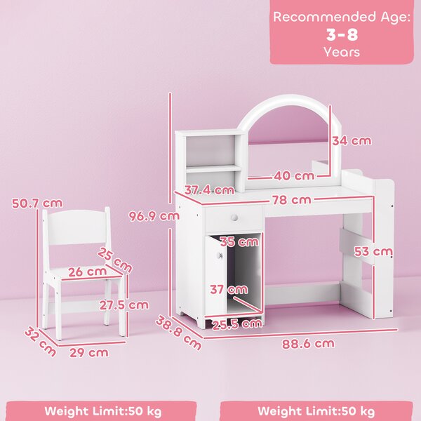 AIYAPLAY Toeletta bambini con specchio LED e sgabello, Bianco | Aosom Italy