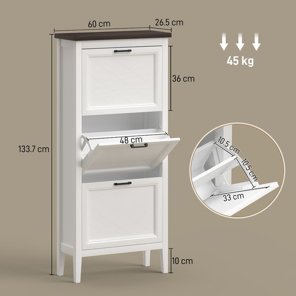 HOMCOM Scarpiera stretta 18 paia con 3 cassetti ribaltabili, Bianco | Aosom Italy