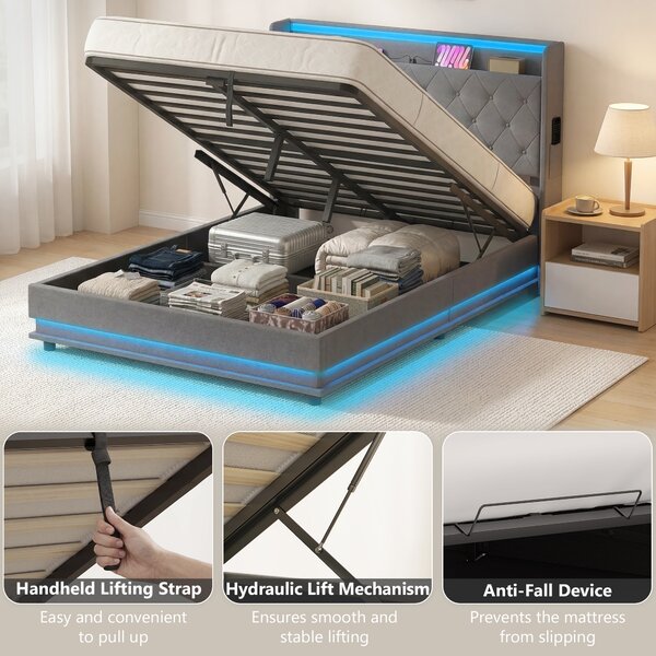 HOMCOM Letto 140x200 cm con contenitore idraulico, testiera, pediera e LED | Aosom Italy