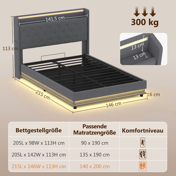 HOMCOM Letto 140x200 cm con contenitore idraulico, testiera, pediera e LED | Aosom Italy