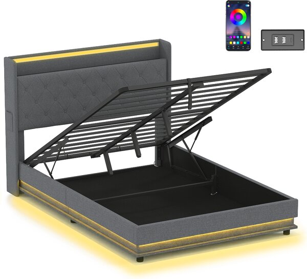 HOMCOM Letto 140x200 cm con contenitore idraulico, testiera, pediera e LED | Aosom Italy