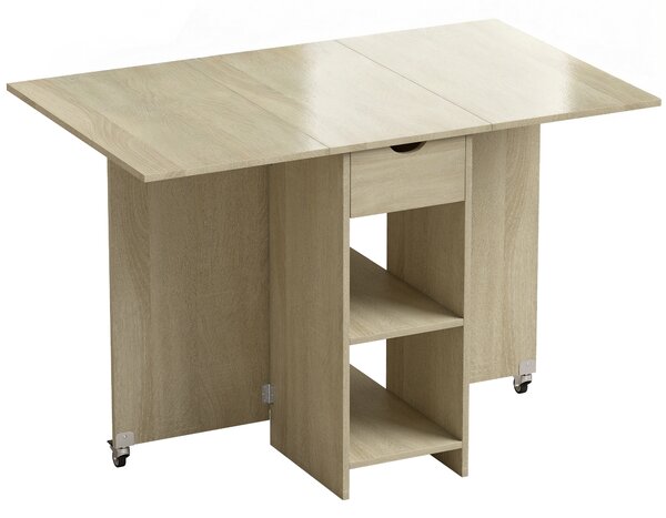 HOMCOM Tavolo pieghevole 2-4 persone con ruote, vano e cassetto, Legno naturale | Aosom Italy