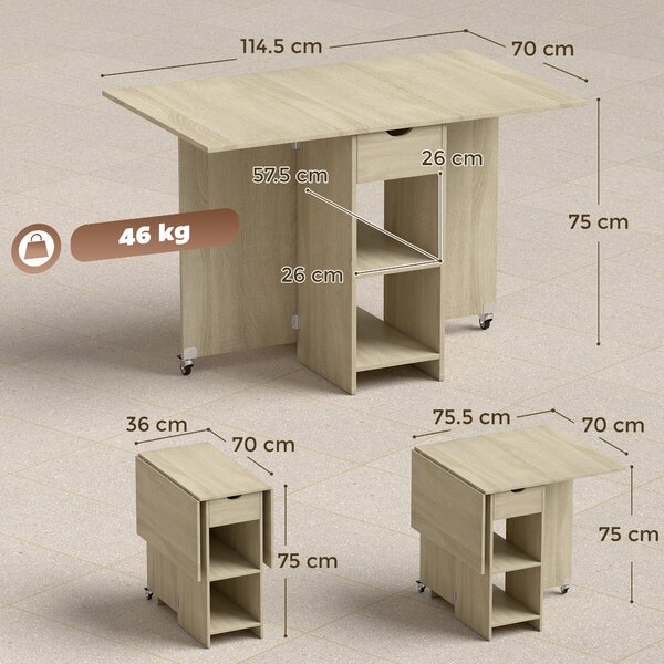 HOMCOM Tavolo pieghevole 2-4 persone con ruote, vano e cassetto, Legno naturale | Aosom Italy