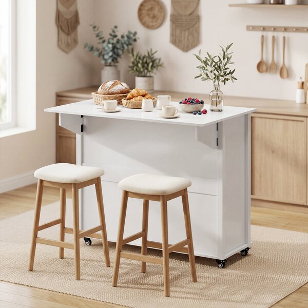 HOMCOM Isola cucina su ruote con piano ribaltabile e portaspezie, 117,5x70x91 cm, Bianco | Aosom Italy
