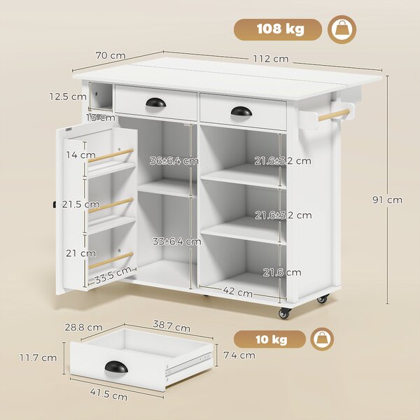 HOMCOM Isola cucina su ruote con piano ribaltabile e portaspezie, 117,5x70x91 cm, Bianco | Aosom Italy