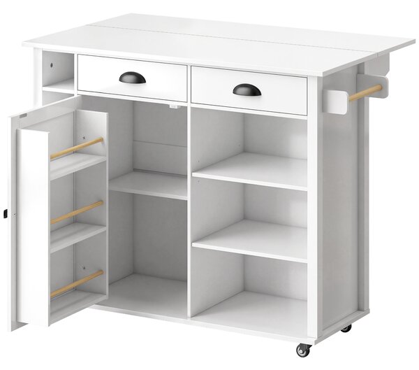 HOMCOM Isola cucina su ruote con piano ribaltabile e portaspezie, 117,5x70x91 cm, Bianco | Aosom Italy