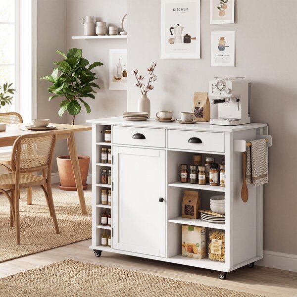 HOMCOM Isola cucina su ruote con piano ribaltabile e portaspezie, 117,5x70x91 cm, Bianco | Aosom Italy