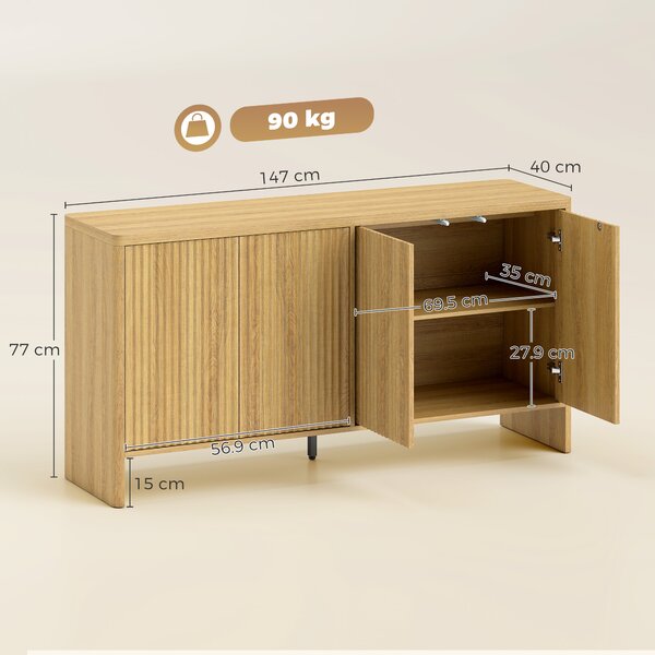 HOMCOM Buffet soggiorno con 4 ante scanalate e ripiano regolabile, 147x40x77 cm, Rovere | Aosom Italy
