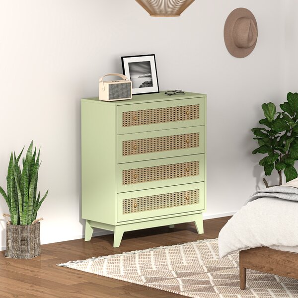 HOMCOM Cassettiera 4 cassetti effetto rattan con struttura in legno, 80x35x95 cm, Verde | Aosom Italy