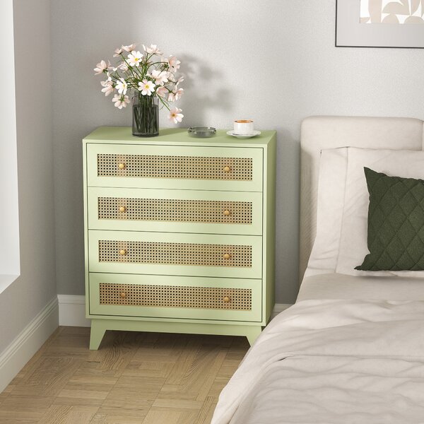 HOMCOM Cassettiera 4 cassetti effetto rattan con struttura in legno, 80x35x95 cm, Verde | Aosom Italy