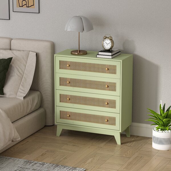 HOMCOM Cassettiera 4 cassetti effetto rattan con struttura in legno, 80x35x95 cm, Verde | Aosom Italy