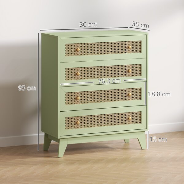 HOMCOM Cassettiera 4 cassetti effetto rattan con struttura in legno, 80x35x95 cm, Verde | Aosom Italy