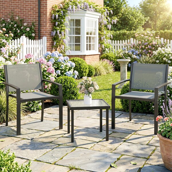 Outsunny Set terrazza 3 pezzi con sedie in textilene e tavolo vetro, Grigio chiaro | Aosom Italy