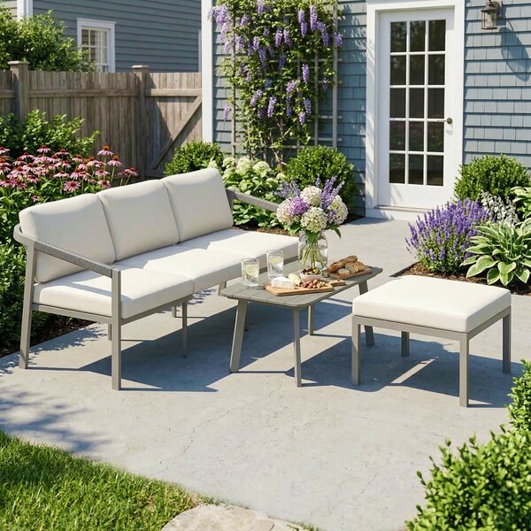 Outsunny Set giardino 3 pezzi con divano, poggiapiedi e tavolino, Marrone e Beige | Aosom Italy