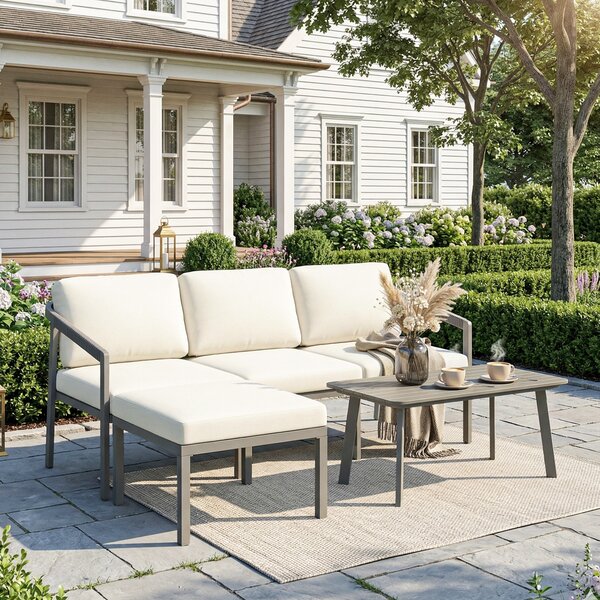 Outsunny Set giardino 3 pezzi con divano, poggiapiedi e tavolino, Marrone e Beige | Aosom Italy