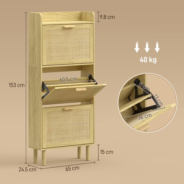 HOMCOM Scarpiera con 3 ante ribaltabili e vano aperto per 12-18 paia, 65x24,5x153 cm, Rovere | Aosom Italy